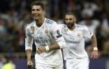La joie de l'attaquant du Real Madrid Cristiano Ronaldo après avoir inscrit un but face à Liverpool en finale de C1, le 26 mai 2018 à Kiev