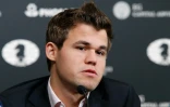 Magnus Carlsen, le grand maître d'échecs norvégien lors d'une conférence de presse à New York, le 10 novembre 2016