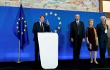 Les nouveaux leaders de l'Union européenne, de gauche à droite le président du Parlement européen David Sassoli, le président du Conseil européen Charles Michel, la présidente élue de la Commission européenne Ursula von der Leyen, et la présidente de la Banque centrale européenne Christine Lagarde, lors d'une conférence de presse le 1er décembre 2019 à Bruxelles
