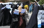 Des Afghanes en niqabs noirs défilent avec des pancartes pro-talibans devant l'université Shaheed Rabbani, le 11 septembre 2021 à Kaboul