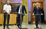 (De G à D) Audun Lysbakken, de la Gauche socialiste, Trygve Slagsvold Vedum, du Parti du Centre, et Jonas Gahr Støre, leader du parti travailliste, participent à un débat le 14 septembre 2021 à Oslo