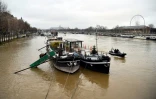 Les habitants des péniches amarrées sur les berges de la Seine ont installé des défenses afin que leurs bateaux n'aillent pas s'échouer sur les quais, à Paris le 22 janvier 2018