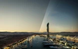 Photo fournie le 26 juillet 2022 par le projet de mégalopole futuriste NEOM montrant le plan de conception des structures parallèles de 500 mètres de haut, connues sous le nom de "The Line", au c&oelig;ur de la ville, sur la mer Rouge