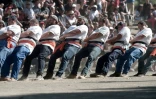 Des Basques participent au tir à la corde le 20 août 2017 à Saint-Palais dans le sud ouest de la France, le 20 août 2017