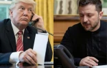 Le président américain Donald Trump (gauche) dans le Bureau ovale à Washington le 27 juin 2017 et son homologue ukrainien Volodymyr Zelensky (droite) à Kiev le 12 février 2025