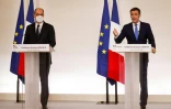 Conférence de presse de Jean Castex et d'Olivier Veran à l'hôtel Matignon, le 22 octobre 2020, au cours de laquelle ils ont annoncé que le couvre-feu nocturne serait étendu samedi à 38 nouveaux départements et à la Polynésie pour faire face à une circulation du virus "extrêmement élevée"