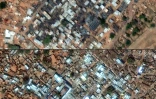 Photomontage d'images satellite montrant l'entrée du camp de Zamzam, dans la région soudanaise du Darfour, le 14 janvier 2025 (en bas) et le 13 février 2025 (en haut), après une attaque