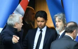 Le président du PSG Nasser Al-Khelaifi (c) avant le coup d'envoi du match face à Nantes au Parc des Princes, le 14 mai 2016