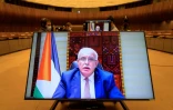 Le ministre des Affaires Ă©trangĂšres palestinien Riyad al-Maliki prononce Ă distance un discours lors d'une rĂ©union du Conseil des droits de l'homme de l’ONU, Ă GenĂšve, le 27 mai 2021