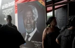 Un portrait de Kofi Annan à l'entrée du Centre international de conférences d'Accra, où se déroulent les funérailles nationales de l'ancin secrétaire général des Nations unies, le 11 septembre 2018.