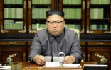 Photo fournie le 22 septembre 2017 par l'agence nord-coréenne KCNA du leader nord-coréen Kim Jong-Un faisant une déclaration à Pyongyang en réponse au discours du président américain Donald Trump à l'ONU