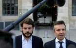 Les avocats d'Eric Dupond-Moretti Christophe Ingrain (d) et Rémi Lorrain devant le ministère de la Justice à Paris le 1er juillet 2021
