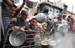 Des Palestiniens se pressent à une distribution de nourriture à Beit Lahia, dans le nord de la bande de Gaza, désormais menacée de "famine de masse" selon pluieurs ONG, le 15 mai 2025