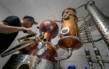 Gaetan Gyger surveille la distillation du gin dans l'alambique de la distillerie Gagygnole, le 10 mai 2022 à Souboz, en Suisse