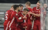 La joie du milieu de terrain hongrois, David Siger, après avoir ouvert le score contre la Turquie, lors du match de Ligue des Nations (groupe B), le 18 novembre 2020 à la Puskas Arena à Budapest