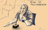 Meryem El Balghiti, poursuivie pour avoir aidé son mari Farid Kharkhach à confectionner des faux papiers d'identité pour les jihadistes, sur un croquis d'audience réalisé le 25 avril 2022