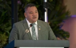 Le ministre du Climat des Tuvalu, Maina Talia, lors de la Conférence internationale sur la transition juste vers l'abandon des combustibles fossiles à Santa Marta, en Colombie, le 29 avril 2026