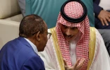 Le ministre saoudien des Affaires étrangères, le prince Faisal ben Farhan (D) s'entretient avec l'ambassadeur  du Soudan en Egypte Abdelaziz Hassan Saleh lors d'une réunion de la Ligue Arabe au Caire, le 7 mai 2023