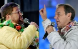 Photomontage du 14 août 2025 montrant les deux favoris du scrutin présidentiel en Bolivie,  l'homme d'affaires de centre droit Samuel Doria Medina (G) et l'ancien président de droite Jorge Quiroga