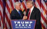 Mike Pence et Donald Trump, sur scène devant leur supporteurs à New York, le 9 novembre 2016 après l'annonce de leur victoire à la présidence et vice-présidence des Etats-Unis
