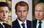 Le président ukrainien Volodymyr Zelensky, le président français Emmanuel Macron et le président russe Vladimir Poutine