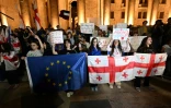 Manifestation contre le projet de loi sur l'influence étrangère, devant le Parlement à Tbilissi, le 17 avril 2024 en Géorgie