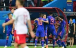 Les Colombiens esquissent une dance pour saluer le 3e but signé Juan Cuadrado contre la Pologne à Kazan, le 24 juin 2018