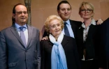 François Hollande, Bernadette Chirac, son petit-fils Martin Rey-Chirac et Claude Chirac lors de l'inauguration de l'exposition "Jacques Chirac ou le dialogue des cultures" au musée du quai Branly, à Paris le 20 juin 2016
