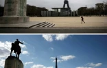Montage de deux photos datant du 20 mai 2020 d'une joggeuse sur l'esplanade du Trocadero le 21 mars 2020 et d'un usager d'une trottinette le 19 mai 2020 au mĂŞme endroit