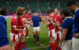 Le capitaine du XV de France Guilhem Guirado (c) applaudi par les joueurs gallois après le quart de finale de la Coupe du monde, le 20 octobre 2019 à Oita (Japon)