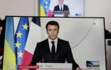 Le président français Emmanuel Macron fait une déclaration sur la situation en Ukraine après l'invasion russe, le 24 février 2022 à l'Elysée, à Paris