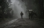 Un jeune garçon et son cheval dans le brouillard de Chenna, le 14 septembre 2021