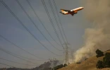Un avion bombardier d'eau survole les flammes de l'incendie du "Kincade Fire", en Californie