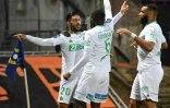 La joie de l'attaquant gabonais de Saint-Etienne Denis Bouanga, après avoir ouvert le score contre Lorient, lors de la 31e journée de Ligue 1, le 8 avril 2022 au Stade du Moustoir