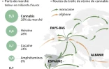 Répartition des drogues en valeur et parts de marché et cartes des routes de la résine de cannabis 