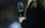 Photo d'archives prise le 19 décembre 2015 montrant une journaliste tenant un micro portant le logo de la première division frnaçaise de football et de la chaîne Canal Plus