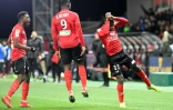 Marcus Thuram (N.11) égalise pour Guingamp face à Monaco en demi-finale de la Coupe de la Ligue au Roudourou, le 29 janvier 2019