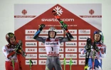 Le Norvégien Henrik Kristoffersen (c) remporte le Géant d'Are le 15 février 2019 devant l'Autrichien Marcel Hirscher (g) et le Français Alexis Pinturault le 15 février 2019