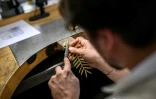 Un artisan lors d'une démonstration sur la fabrication de la Palme d'or de Cannes, le 21 avril 2026, dans un atelier de la maison Chopard à Meyrin, près de Genève 