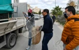 Des employés municipaux transportent un chien errant pris dans un filet, le 29 décembre 2021 à Tunis