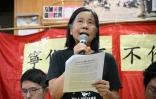 La présidente de la Ligue des Sociaux-Démocrates (LSD), qui était l'un des derniers partis d'opposition encore actifs à Hong Kong, Chan Po-ying, s'exprime lors d'une conférence de presse, le 29 juin 2025 à Hong kong