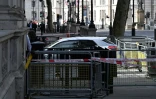 Cordon de police autour d'une voiture qui a percuté les grilles de Downing Street, le 25 mai 2023 à Londres