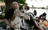 Un bénévole transporte un chien lors de l'évacuation d'une zone inondée, à Kherson en Ukraine le 8 juin 2023