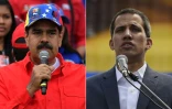 Combinaison de photos montrant Nicolas Maduro et Juan Guaido s'adressant à leurs partisans respectifs le 2 février 2019