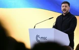 Le président ukrainien Volodymyr Zelensky s'exprime lors de la 62e Conférence de Munich sur la sécurité (MSC), le 14 février 2026 à Munich, dans le sud de l'Allemagne