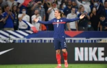 La joie de l'attaquant français Antoine Griezmann, après avoir marqué son 2e but face à la Finlande, lors des qualifications pour le Mondial-2022 au Qatar, le 7 septembre 2021 au Groupama Stadium à Décines-Charpieu, près de Lyon