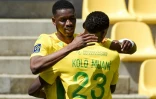 La joie des attaquants de Nantes, le Malien Kalifa Coulibaly et le Congolais Randal Kolo Muani, buteurs contre Bordeaux, lors de leur match de L1, le 8 mai 2021 au stade de La Beaujoire