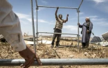 Des Palestiniens montent une tente au milieu des décombres du hameau de Khallet Al-Dabaa, en Cisjordanie occupée, le 6 mai 2025, après la destruction par les forces israéliennes des habitations de ce village
