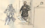 Croquis d'audience de Mohamed Abrini lors du procès des attentats du 13-Novembre, le 13 avril 2022 à la cour d'assises spéciale de Paris