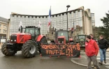 Les agriculteurs ont déployé une banderole "combien de morts faut-il", lors d'une manifestation contre la baisse des prix des produits agricoles, à Chartres, le 2 février 2016